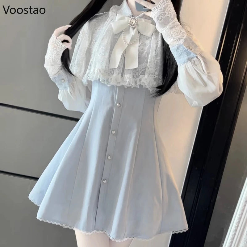 Japanese Gothic Style Rhinestone Pearl Bow Dress Women Lace Ruffles Shawl Long Sleeve Slim Shirts Dresses Lolita Y2k Party Dress - Madeinsea©