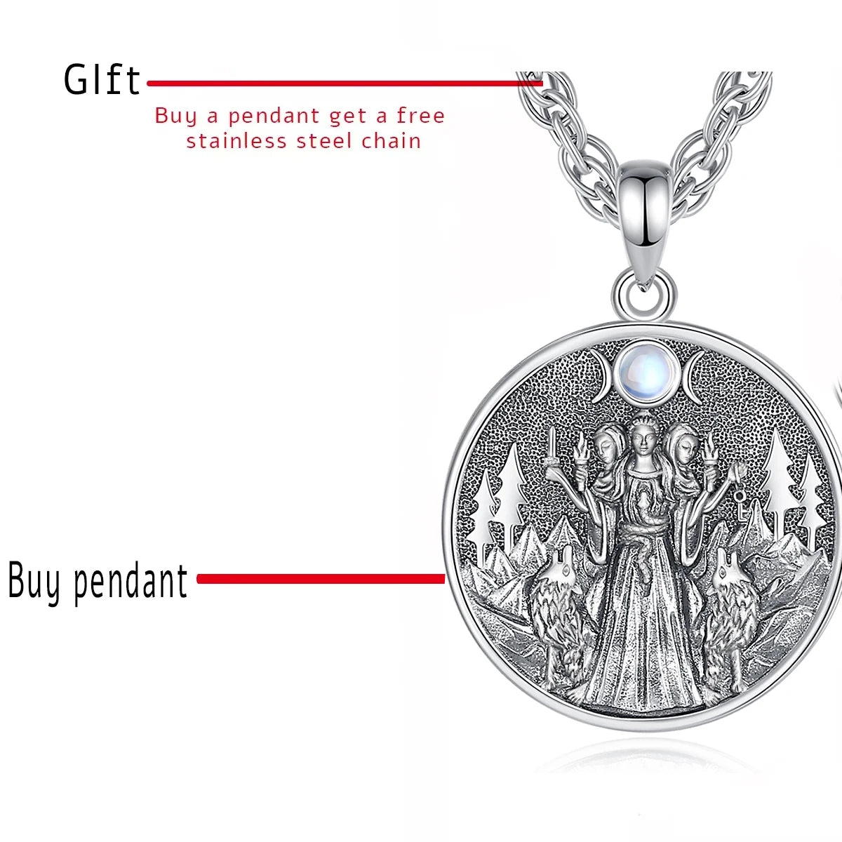 Eudora 925 Sterling Silver Hecate Dog Necklace Triple Moon Goddess Amulet Pendant Moonstone Triple Goddess Jewelry Women Gift