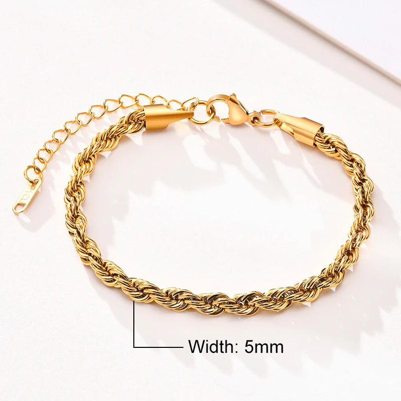 Vnox Unisex Rope Chain Bracelets for Men Women, Stainless Steel Twisted Links Chain Bracelet,Simple Classic Jewelry Gift for Him - Madeinsea©