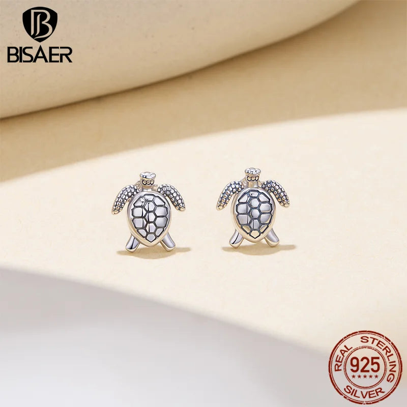 BISAER 925 Sterling Silver Cute Mini Turtle Stud Earrings Stud Ear Hypoallergenic for Women Party Fine Jewelry Vacation Gifts