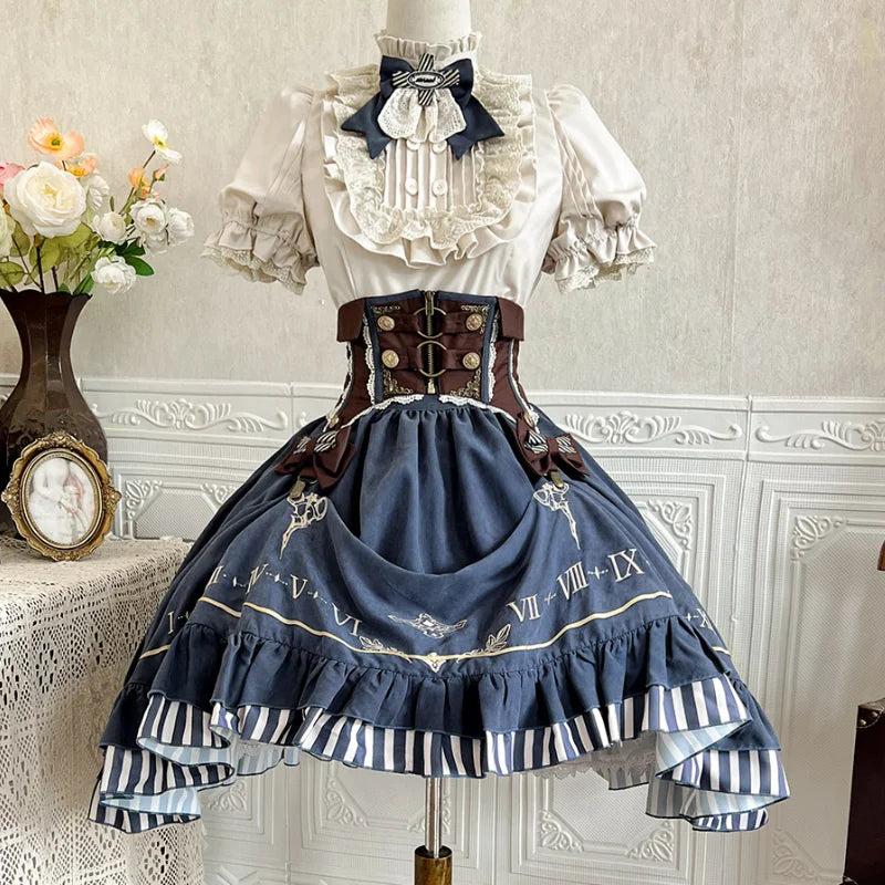 Vintage Gothic Lolita Dress Set Women Sweet Princess Puff Sleeve Shirt Girdle Y2k Skirt 3 Piece Set Punk Halloween Party Outfits