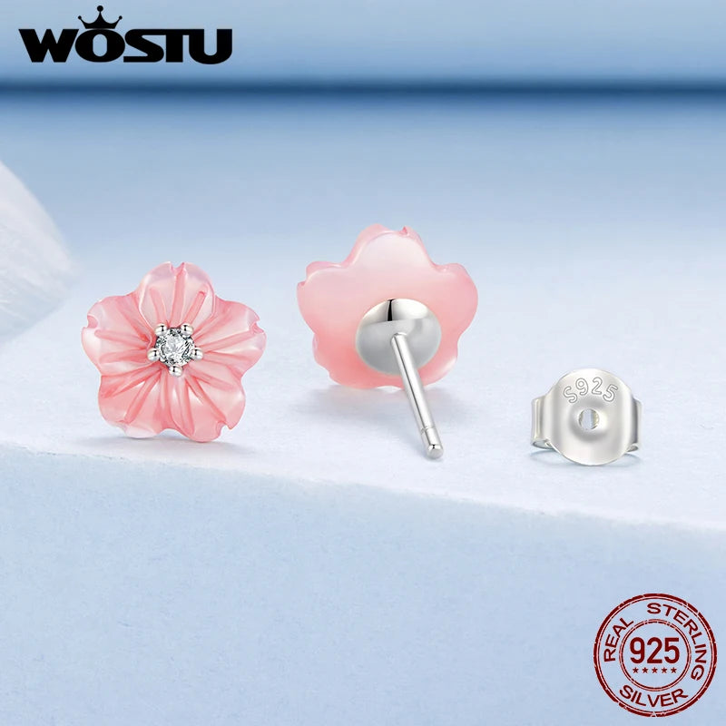 WOSTU Real 925 Sterling Silver Natural Pink Shell Flower Earrings 18K Gold Mini Sakura Flower Studs Party Wedding jewelry Gift