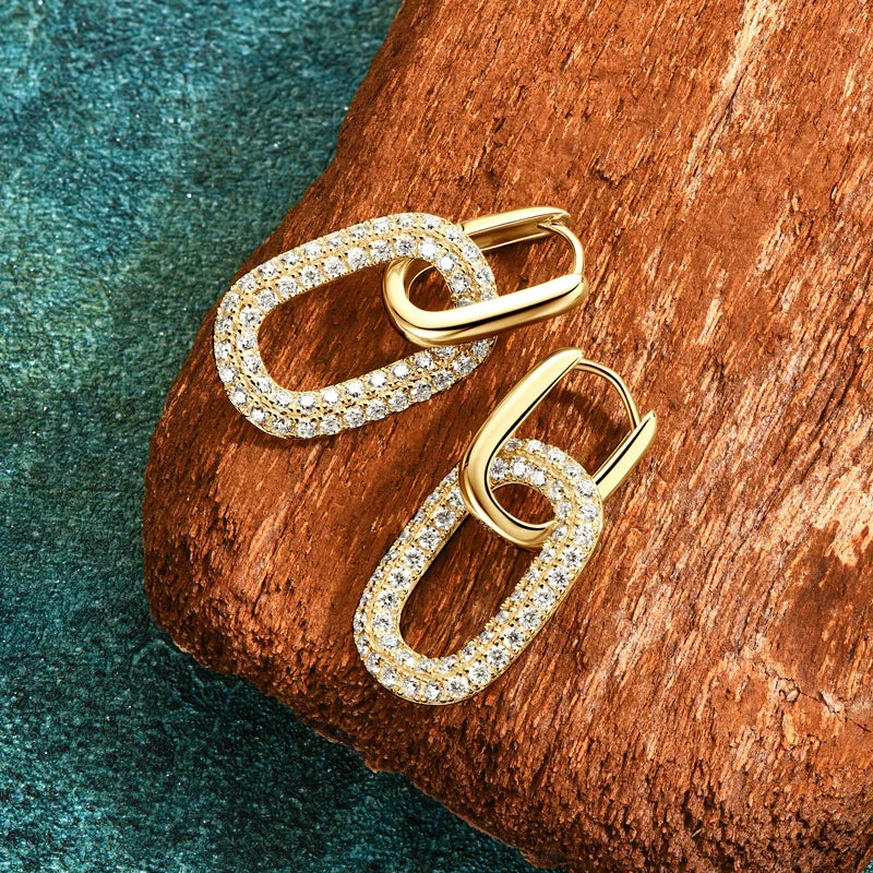 OXTAO Hoop Earrings 100% 925 Silver D Color Full Moissanite Paperclip Link Dangle Earrings for Women  Fine Wedding Jewelry Gift