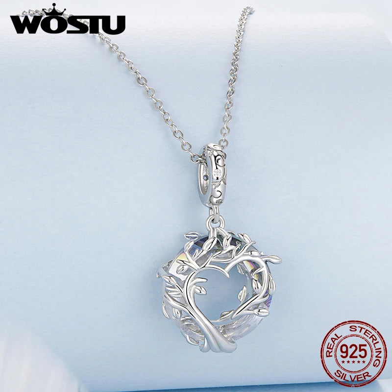 WOSTU 925 Sterling Silver Tree of Life Pendant Necklace For Women, Circle Rainbow Crystal Neckalce For Girls mom Family Gift
