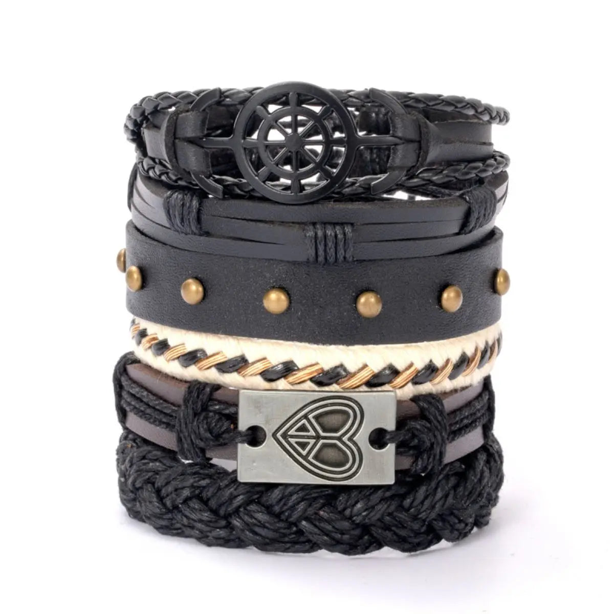 Fashion Black Skull Multi-layer Beaded Hand Leather Bracelet for Men Set Adjustable DIY Leather Winding Hand Rope