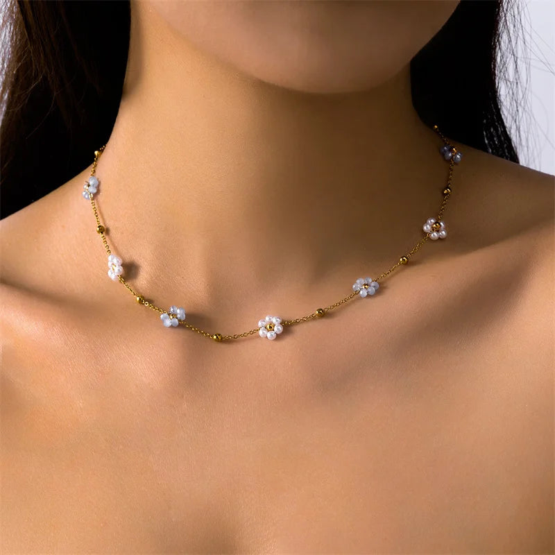 Korean Cute Flower Bracelet For Women Girls Exquisite Imitation Pearl Metal Beads Chain Wristband Party Minimalist Jewelry Gifts