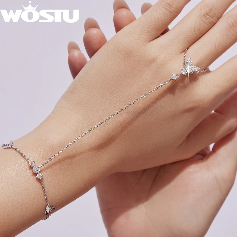 WOSTU 925 Silver Butterfly Hand Chain Ring Bracelet For Women, Wedding Engagement Jewelry Cubic Zirconia Link Rings Bracelets