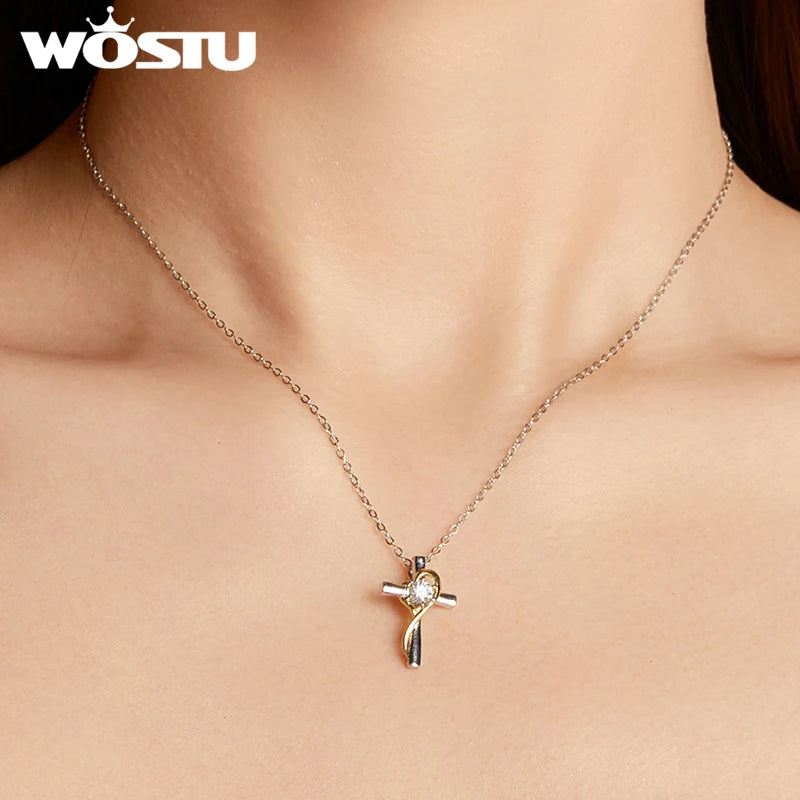 WOSTU Moissanite Cross Pendant Heart Necklace For Women 925 Silver 18K Gold Diamond Cut moissanite Wedding Jewelry Party Gift