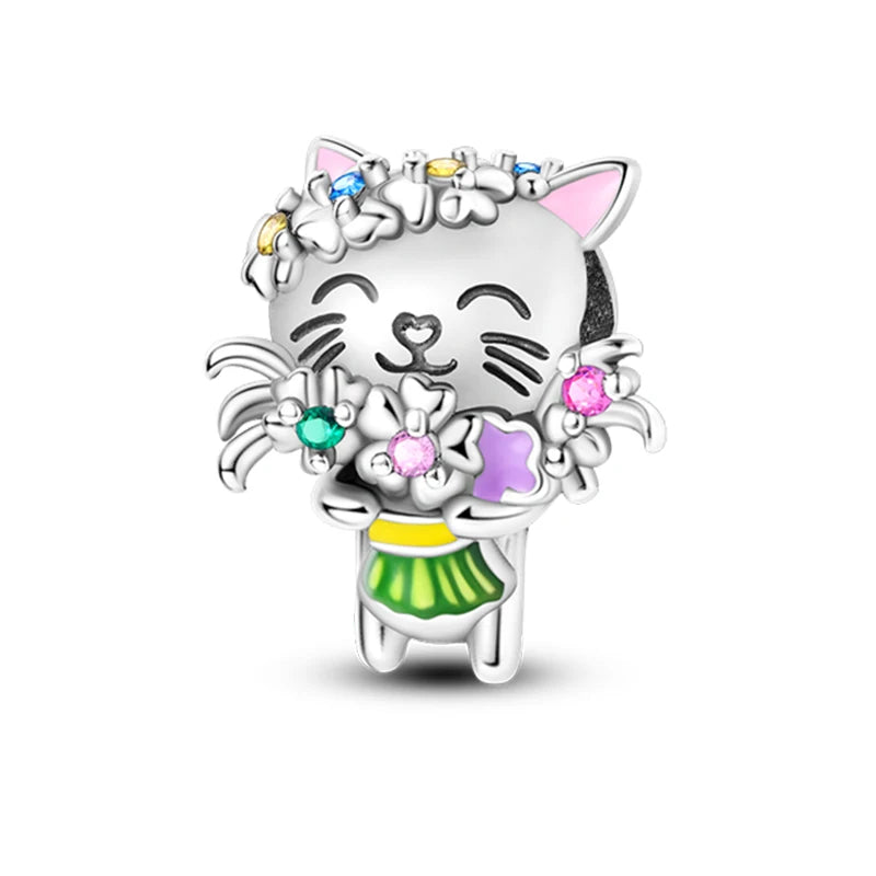 New 925 Silver Pink Rabbit Bear Cat Dog Animal Charms Beads Fit 3mm 925 Original Bracelets Fine DIY Birthday Jewelry