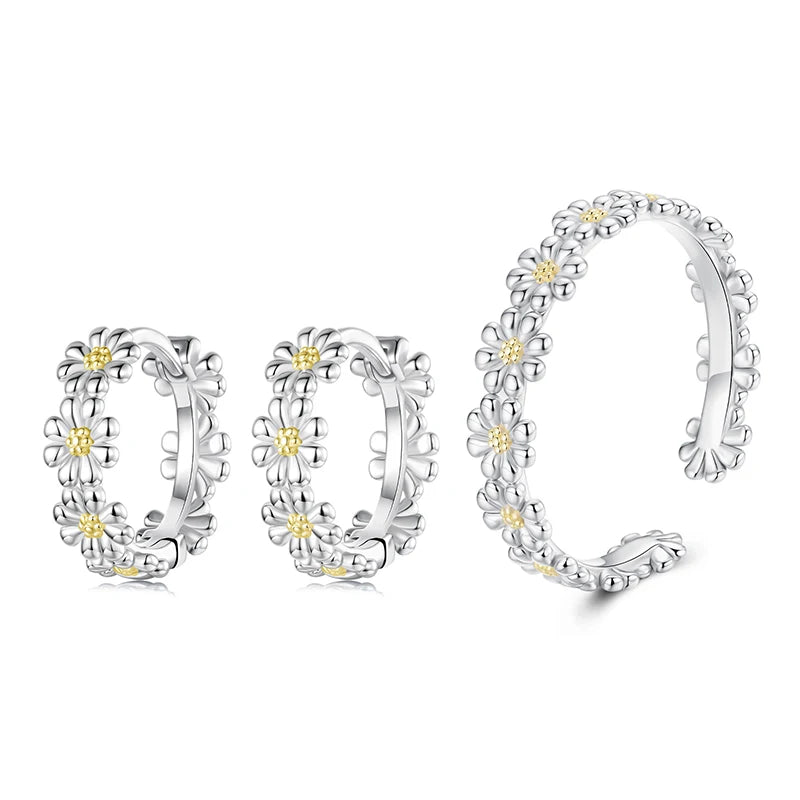 Bamoer 925 Sterling Silver Daisy Jewelry Set Yellow Flower Open Ring Plant Hoop Huggies Earrings for Women Teen Young Party Gift