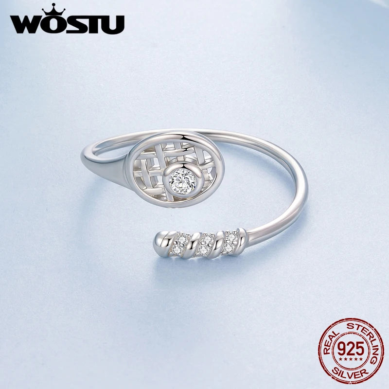 WOSTU 925 Sterling Silver Tennis Racket Open Ring, Shiny CZ Tennis Ball Ring Unique Sporty Jewelry Gift for Women Tennis Players