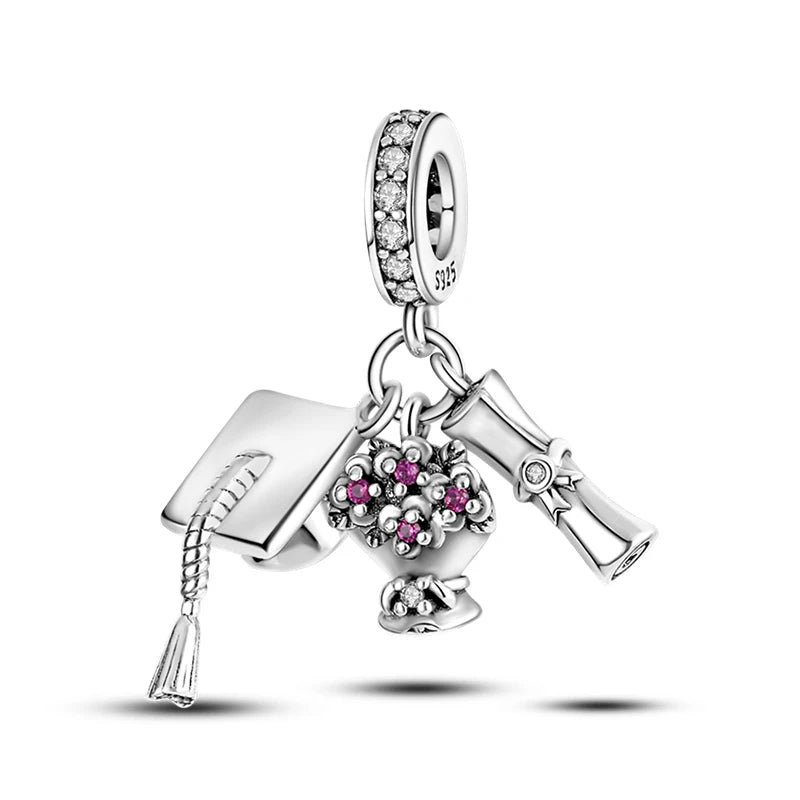 New 925 Silver Trencher Cap Graduation Season Charms Beads Fit 3mm 925 Original Bracelets DIY Unique Jewelry Graduation Gift