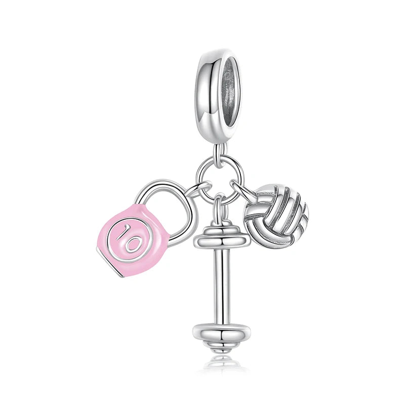 BAMOER 925 Sterling Silver Charm Pink Sport Ball Dumbbe Pendant Healthy Teeth Beads Fit Original Bracelet DIY Jewelry Crafts
