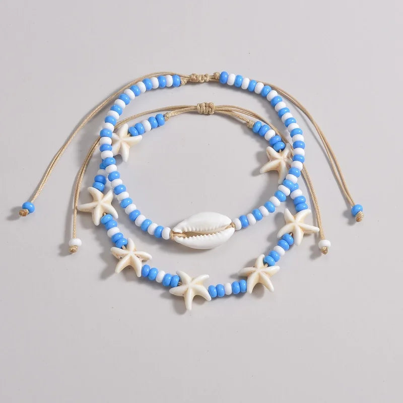 Cute Starfish Shell Blue White Rice Beads Foot Chain Anklet Sets For Women Ankle Bracelet Elastic Rope Beach Jewelry Accessories - Madeinsea©