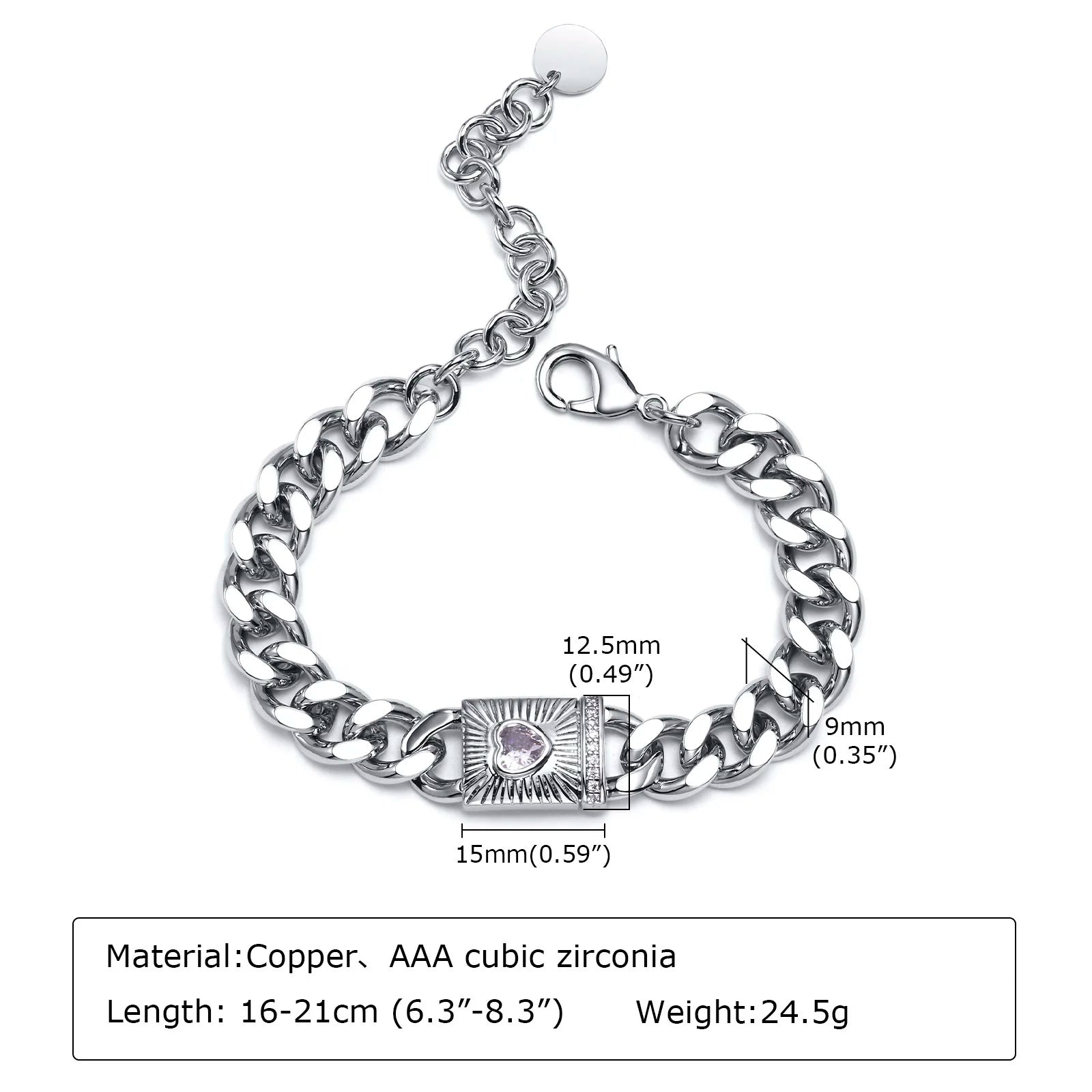 Bracelet unisexe Vnox Design en zircon en forme de cœur, chaîne cubaine ajustable avec breloque carrée géométrique, idéal comme cadeau.
