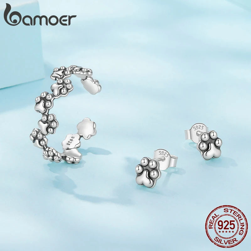 BAMOER 925 Sterling Silver Pet Paw Jewelry Set Lovely Dog Print Open Ring Mini Stud Earring Gift for Women Family Love Jewelry