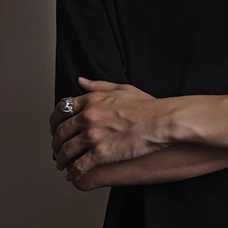 Buyee 925 Sterling Silber Großer Ring Finger Niedliche Eule Offener Ring für Frauen Mann Mode Tier Rock Punk Feiner Schmuck Kreis