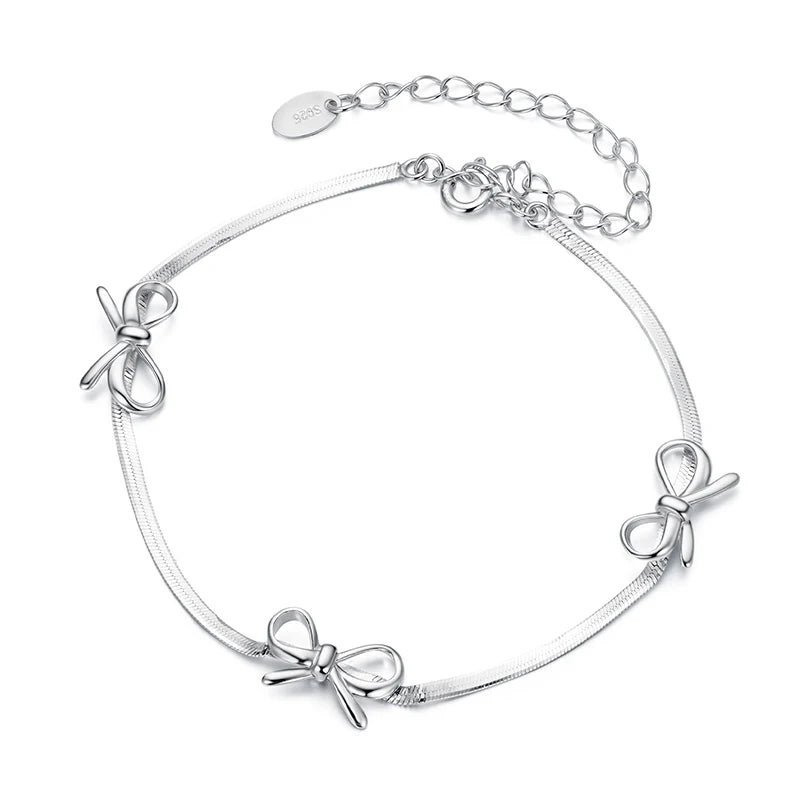 WOSTU  Solid 925 Sterling Silver Sweet Bow Bracelets for Women Korean European Style Bowknot Snake Chain Bangle Chain Bracelet