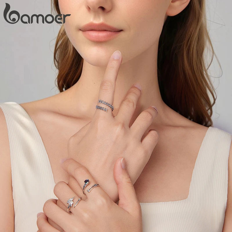 BAMOER 925 Sterling Silver Devil Wings Open Ring Vintage Style Adjustable Finger Ring Original for Women Punk Jewelry Gift