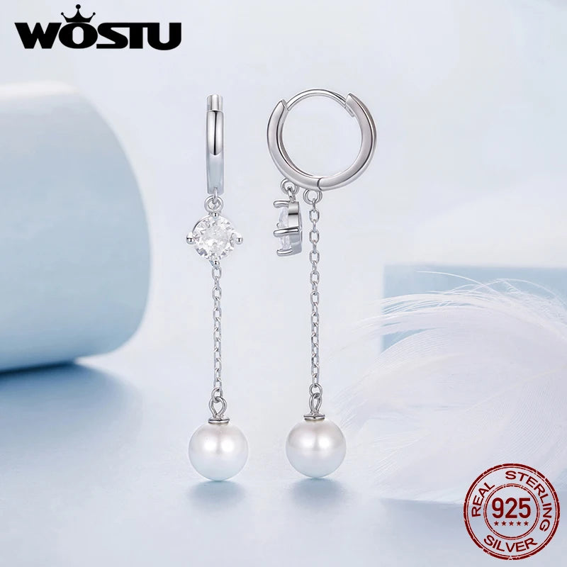 WOSTU 925 Sterling Silver Pearl Zircon Hoop Earrings For Women, 53mm Long Drop Dangle Earring Wedding Party Earrings Gift