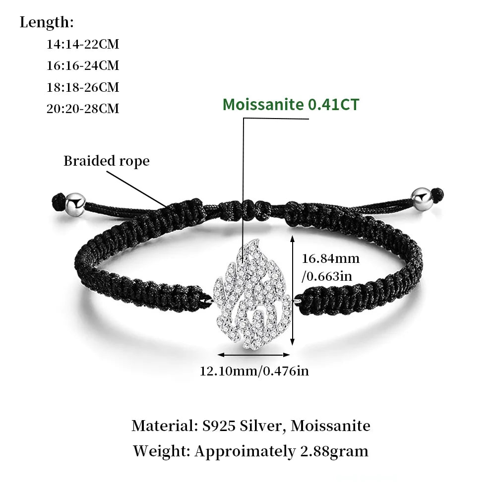 Serenity Fine Braided-rope Moissanite Bracelet Women Men 100% S925 Sterling Silver Fire Shape Bracelet Adjustable Chain Jewelry - Madeinsea©