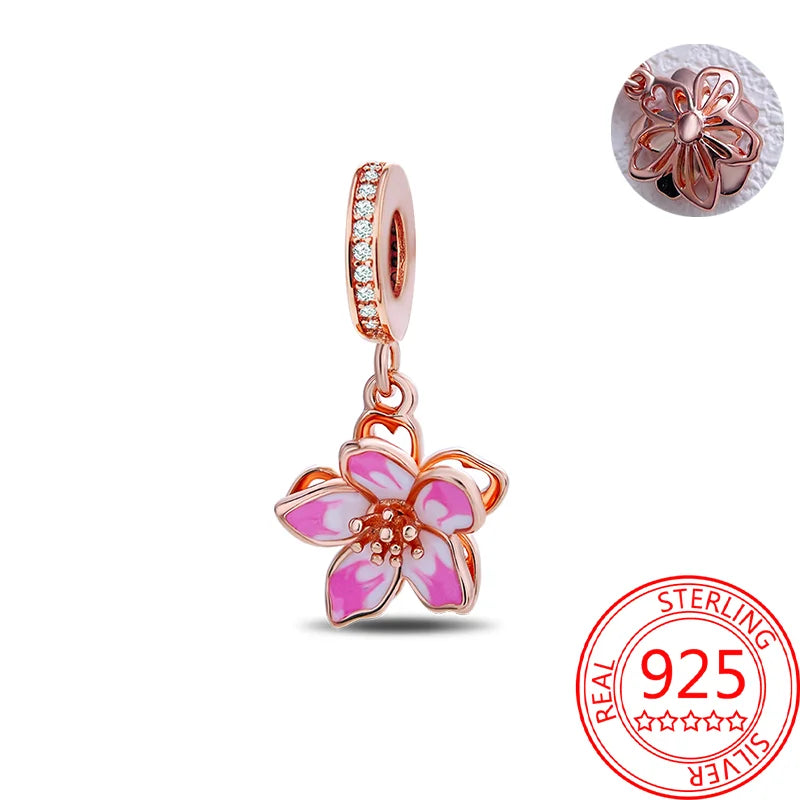 925 Sterling Silver Real Rose Gold Pink Octopus Summer Turtle Heart Dangle Charm Fit Original Bracelet Necklaces Bracelet Girl