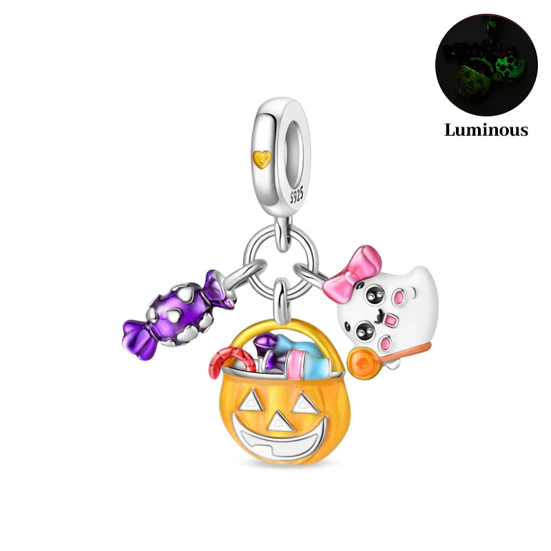 2024 New 925 Sterling Luminous Halloween Skull Witch Pumpkin Candy Charms Beads Fit 3mm Original Bracelets DIY Party Jewelry