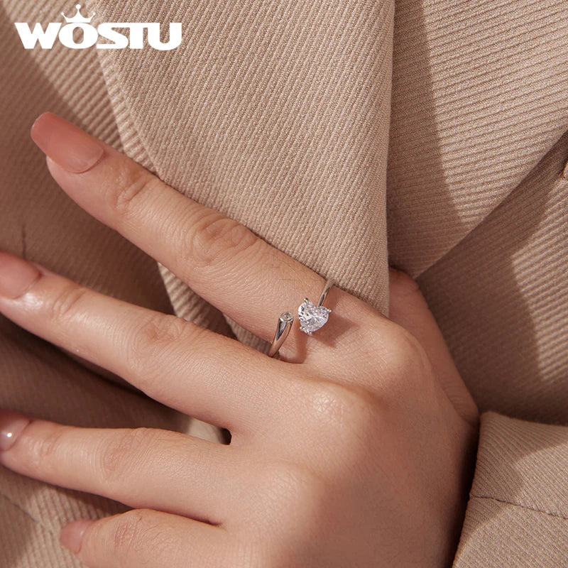 WOSTU Elegant Dainty S925 Sterling Silver Heart Ring For Women, Minimalist Jewelry Heart Zircon Open Rings Perfect Gift for Her