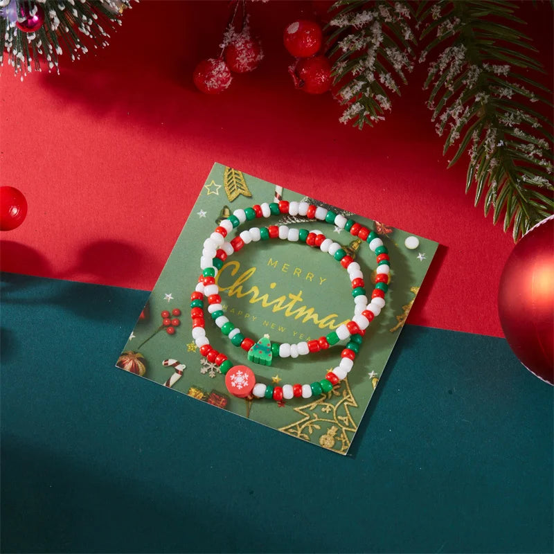 2 Pcs Christmas Colorful Beaded Bracelet Set For Women Xmas Tree Snowman Snowflake Pendant Polymer Clay Bangle Festival Jewelry