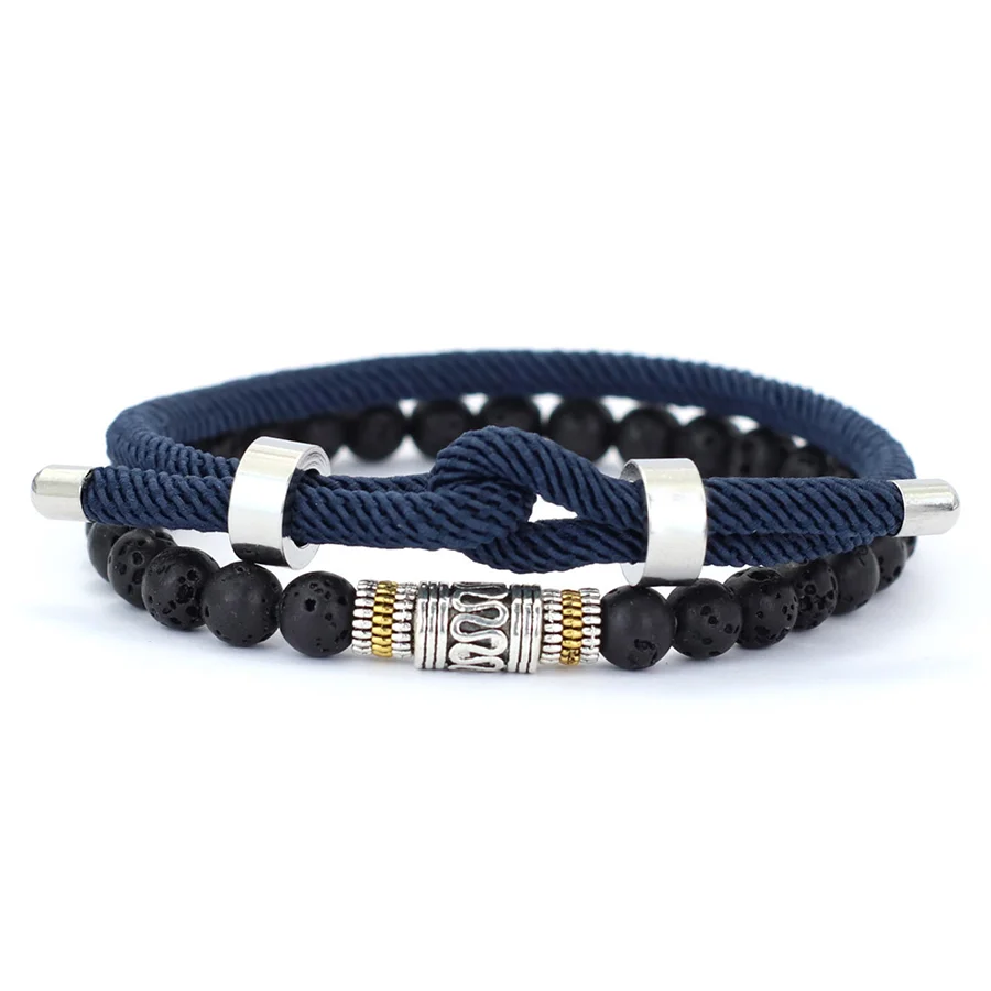Stylish 2Pcs Men Bracelet Set 4mm Grade A Rope Charm Braslet 6mm Lava Onyx Stone Beaded Braclet Good Luck Red Cord Brazalete