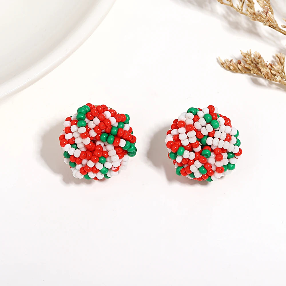 AENSOA Candy Color Seed Beaded Knot Stud Earrings for Women Girls Tricolor Handmade Braided Round Earrings Summer Beach Jewelry