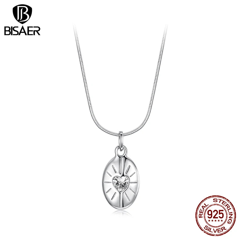 BISAER 925 Sterling Silver Starlight Necklace Pendant Heart Zircon Chain Adjustable Plated White Gold Women Fine Jewelry Gift