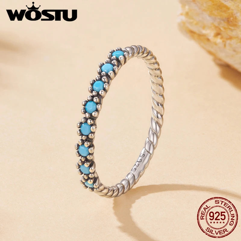 WOSTU 925 Sterling Silver Blue Turquoise Rings Earrings For Women , Handmade Vintage Twist Round Turquoise Dainty Jewelry set