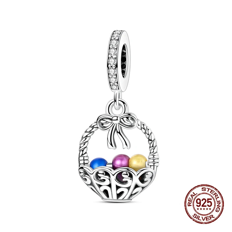 Fit Original 925 Sterling Silver Charms Beads Luminous Easter Egg Pink Baskets Charms for Women Fine DIY Birthday Jewelry Gifts