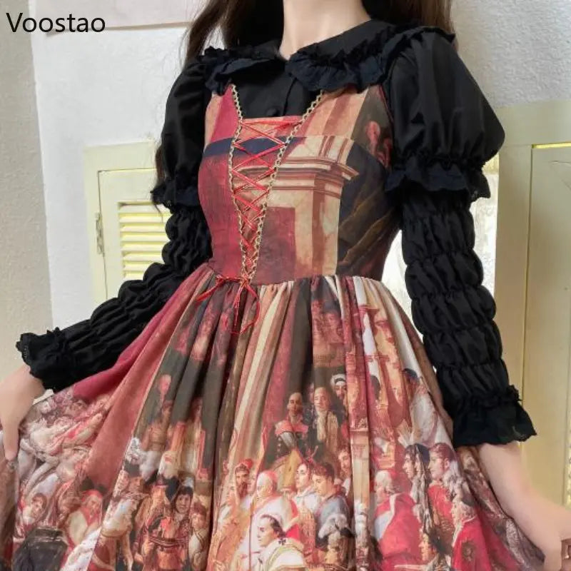 Vintage Victorian Kawaii Lolita Shirts Women Gothic Lace Ruffles Rose Peter Pan Collar Removable Long Sleeve Blouses Sweet Tops