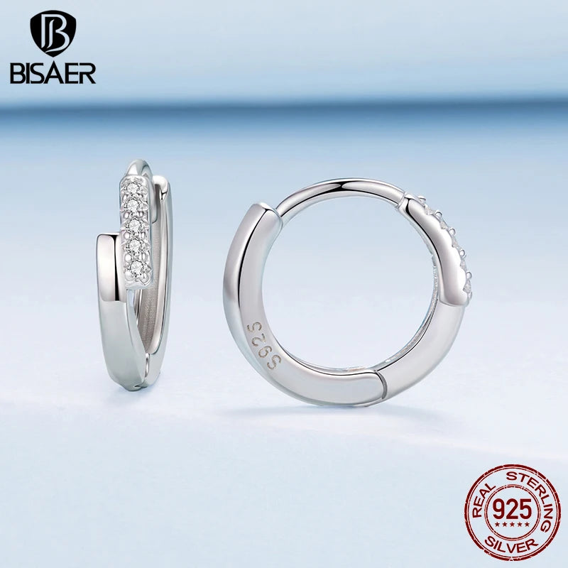 BISAER Solid 925 Sterling Silver Cross Hoop Earrings Round Huggie Earrings Plated White Gold for Women Party Fine Jewelry Gift
