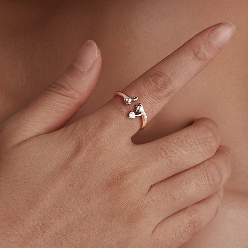 BAMOER Solid 925 Sterling Silver Cute Cat Adjustable Rings Lovely Cats Animals Open Ring Jewelry for Women SCR1116-E