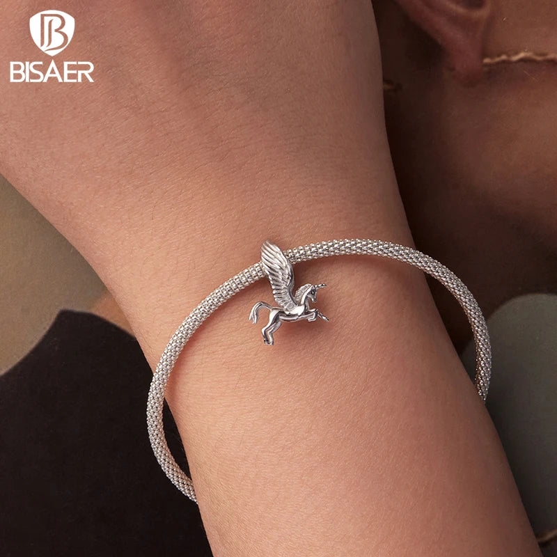 BISAER 925 Sterling Silver Unicorn Charm Bead Animal Pendant Plated White Gold for Women DIY Bracelet & Neckalce Fine Jewelry