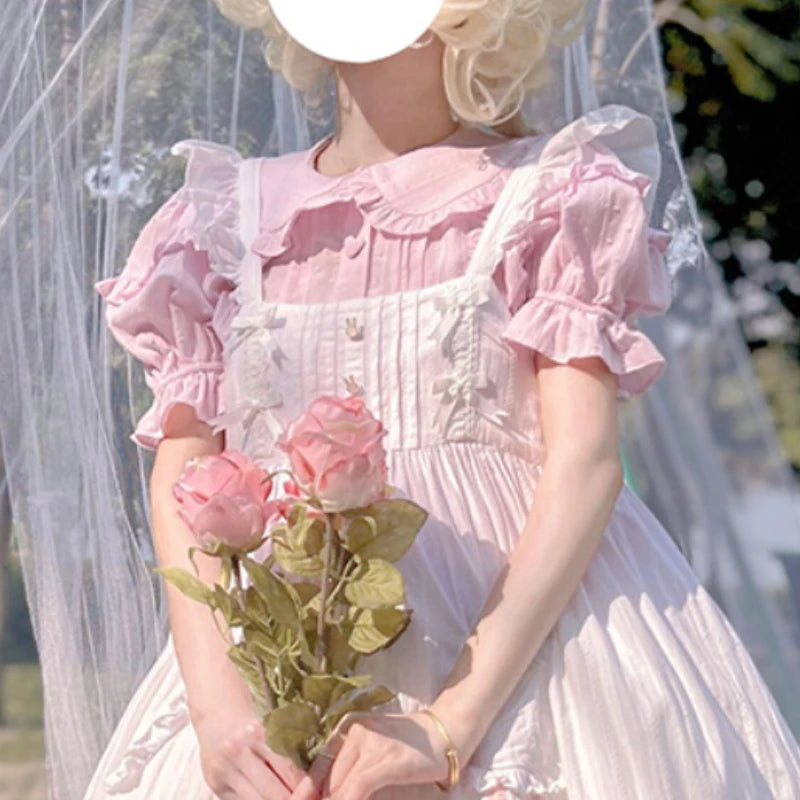 Japanische Sweet Lolita Blusen für Damen, niedliche Rüschen, Peter-Pan-Kragen, Puffärmel, JK-Shirts, Vintage-Kawaii-Tops für Mädchen, lockere Passform.