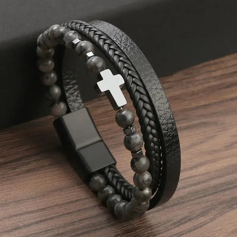 Fashion Cross Pendant MultiLayer Leather Bracelet for Men Women Classic Christian Prayer Christmas New Year Gift