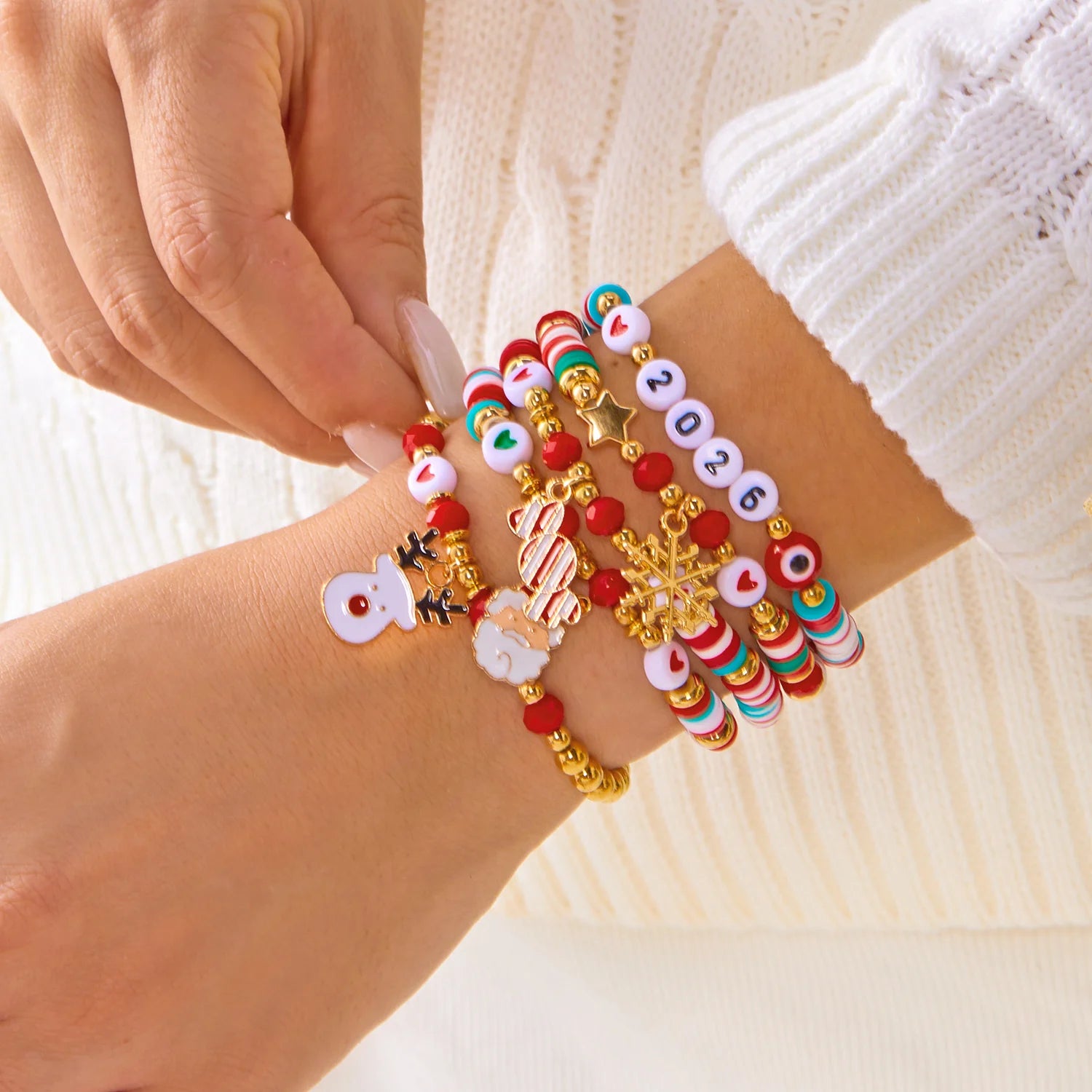4Pcs/Set Christmas Tree Santa Claus Bracelet For Women Xmas Deer Snowflake Pearl Polymer Clay Beads Bracelets New Year Jewelry