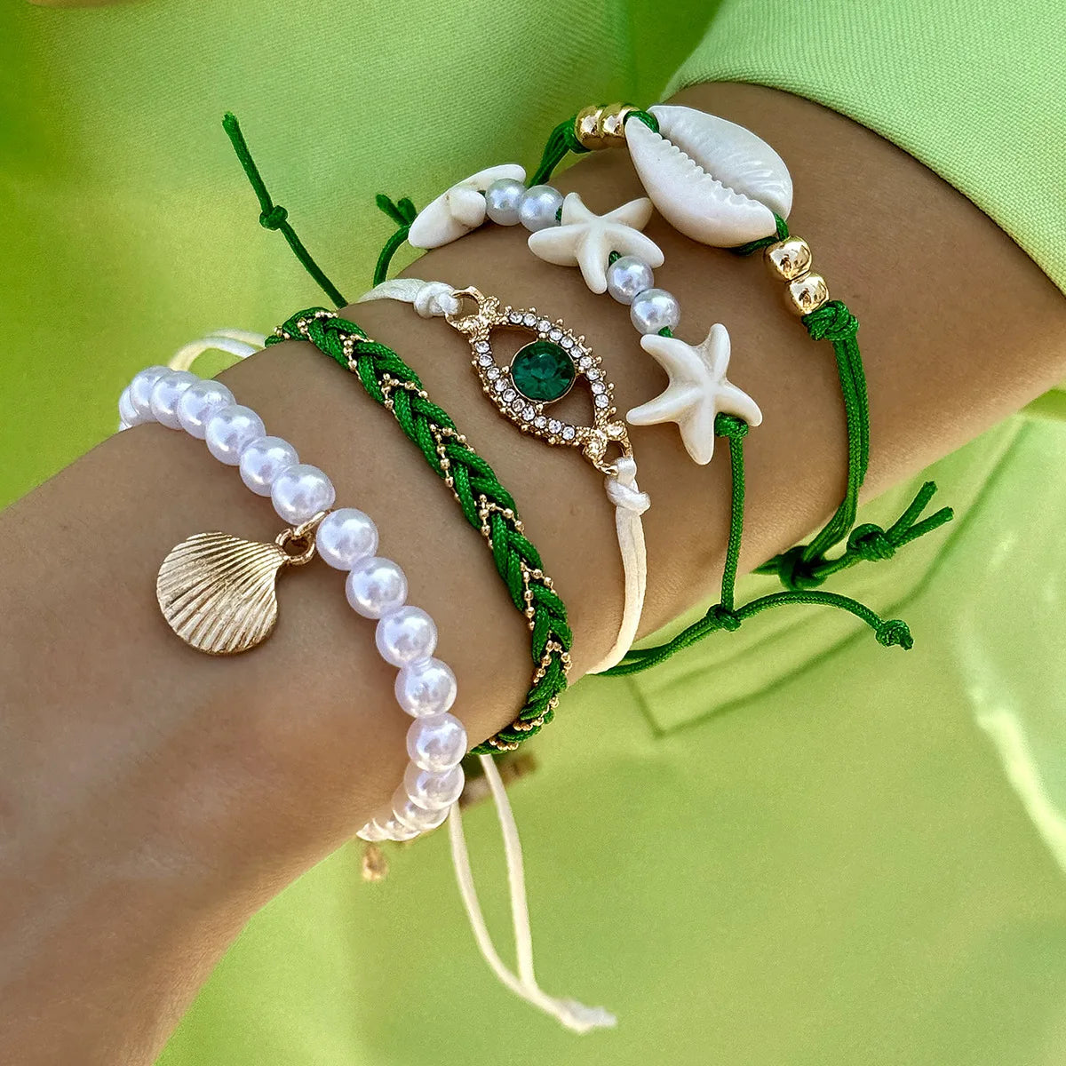 5Pcs Bohemia Shell Starfish Bracelet Set For Women Imitation Pearl Evil Eye Multilayer Beaded Bangles Sand Beach Party Jewelry