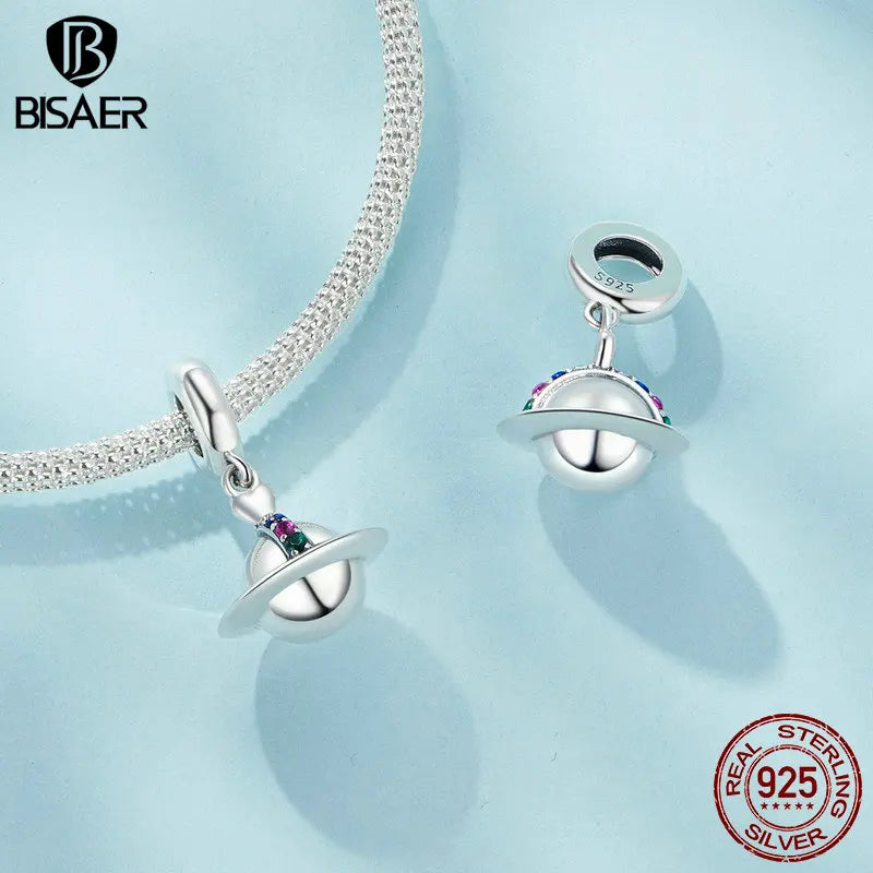 BISAER Pendentif en forme de boîte en argent sterling 925 avec nœud et planète, breloques en forme de fusée étoilée pour bracelets à faire soi-même, bijoux fins, cadeau pour femmes