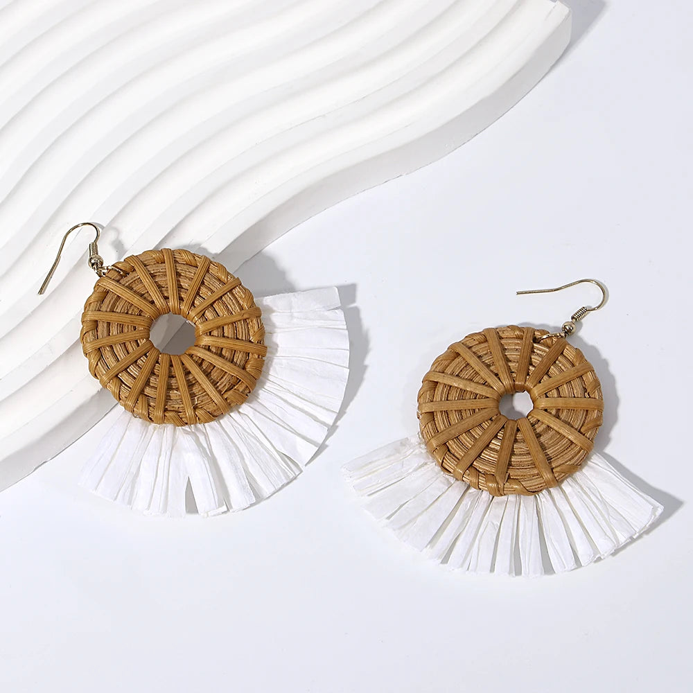 AENSOA Handmade Woven Rattan Knit Raffia Wooden Drop Earrings for Women Bohemian Circular Fan Shaped Statement Earrings Jewelry