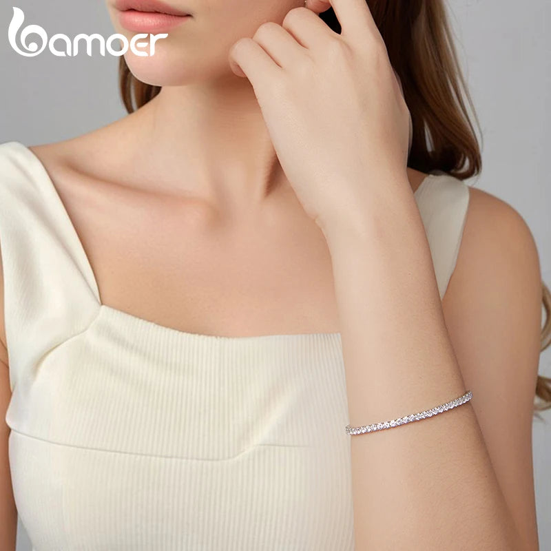 BAMOER Luxus-Tennisarmband aus 925er Sterlingsilber mit Pavé-Fassung, dehnbar, mit runden Zirkonia-Steinen, klassisches Geschenk für Damen zur Hochzeit