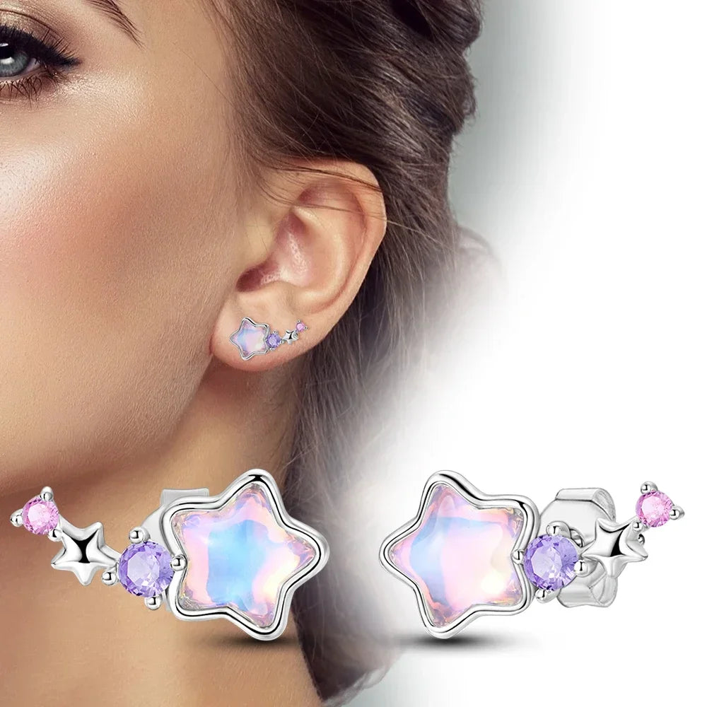 925 Sterling Silver Earrings Women Jewelry Butterfly Flower Pink Flowers Zircon Hoop Ear Studs Sparkling Earring Wedding Gift