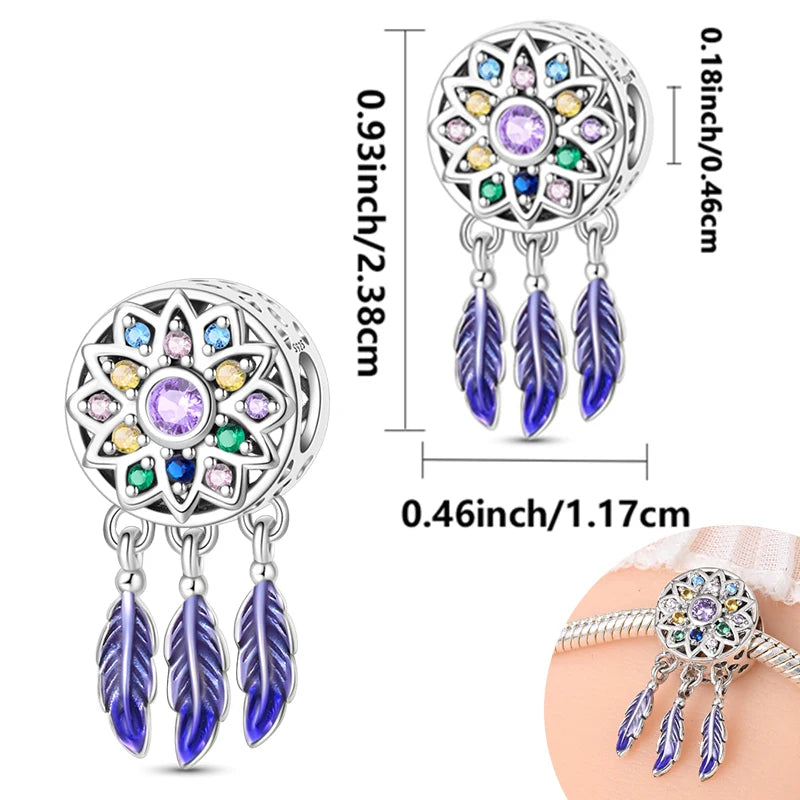 925 Sterling Silver Pendant Charms Feather Dreamcatcher Charm Bead For Original Charm Bracelet Necklace Bead DIY Jewelry Gift