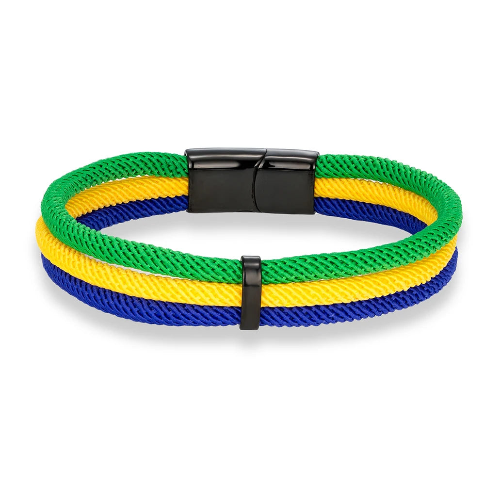 MKENDN Schwarzes Edelstahl-Armband mit Magnetverschluss, mehrlagiges Seil, handgefertigtes Design, Herren- und Damenschmuck mit Flaggen aus Frankreich, Brasilien und Spanien