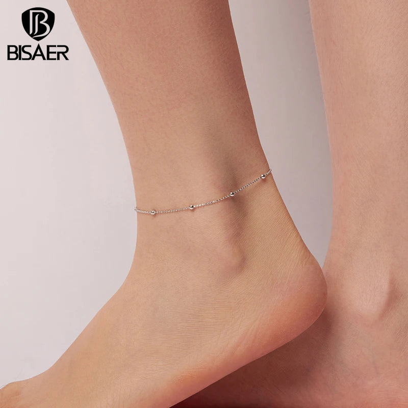 BISAER 925 Sterling Silver Minimalist Beads Anklets Waterproof Chain Plated White Gold For Women Party Fine Jewelry Holiday Gift