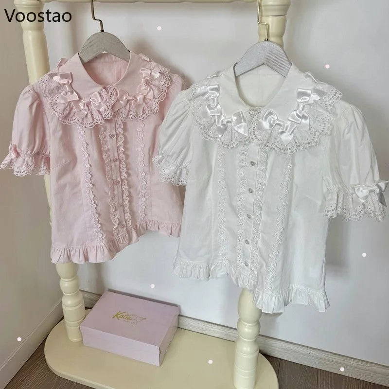 Japanese Sweet Lolita Style Shirts Women Kawaii Peter Pan Collar Bow Lace Ruffles Short Puff Sleeve Blouses Blusas Mujer Tops